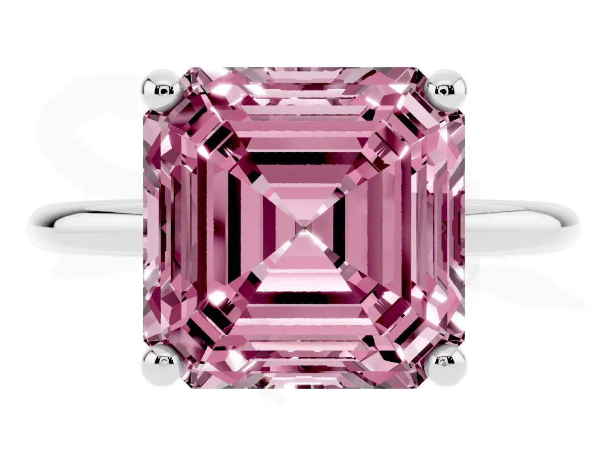 Fancy Pink Asscher Cut Solitaire Diamond Ring with 4-Prong Setting on a Classic Band Silver