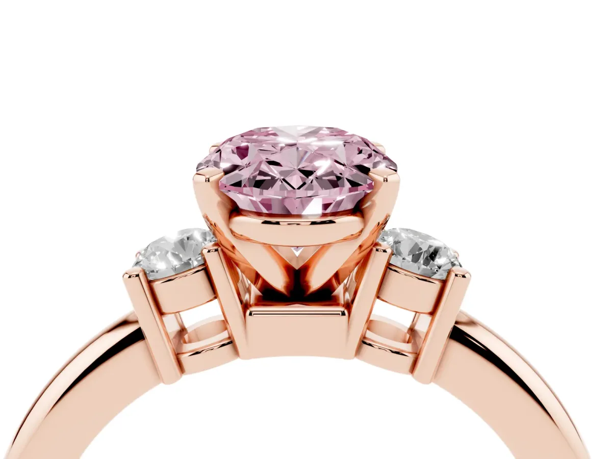 Fancy Pink Three-Stone Oval Cut Cut Diamond Solitaire with Prong Setting and Classic Band Rose gold