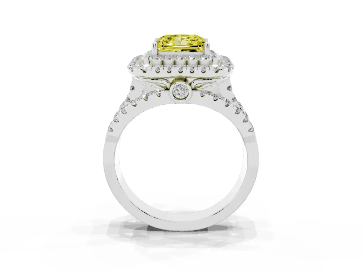 Fancy Yellow Princess Cut Diamond Double Halo Ring with Round Pavé Split Shank and Prong Setting Silver