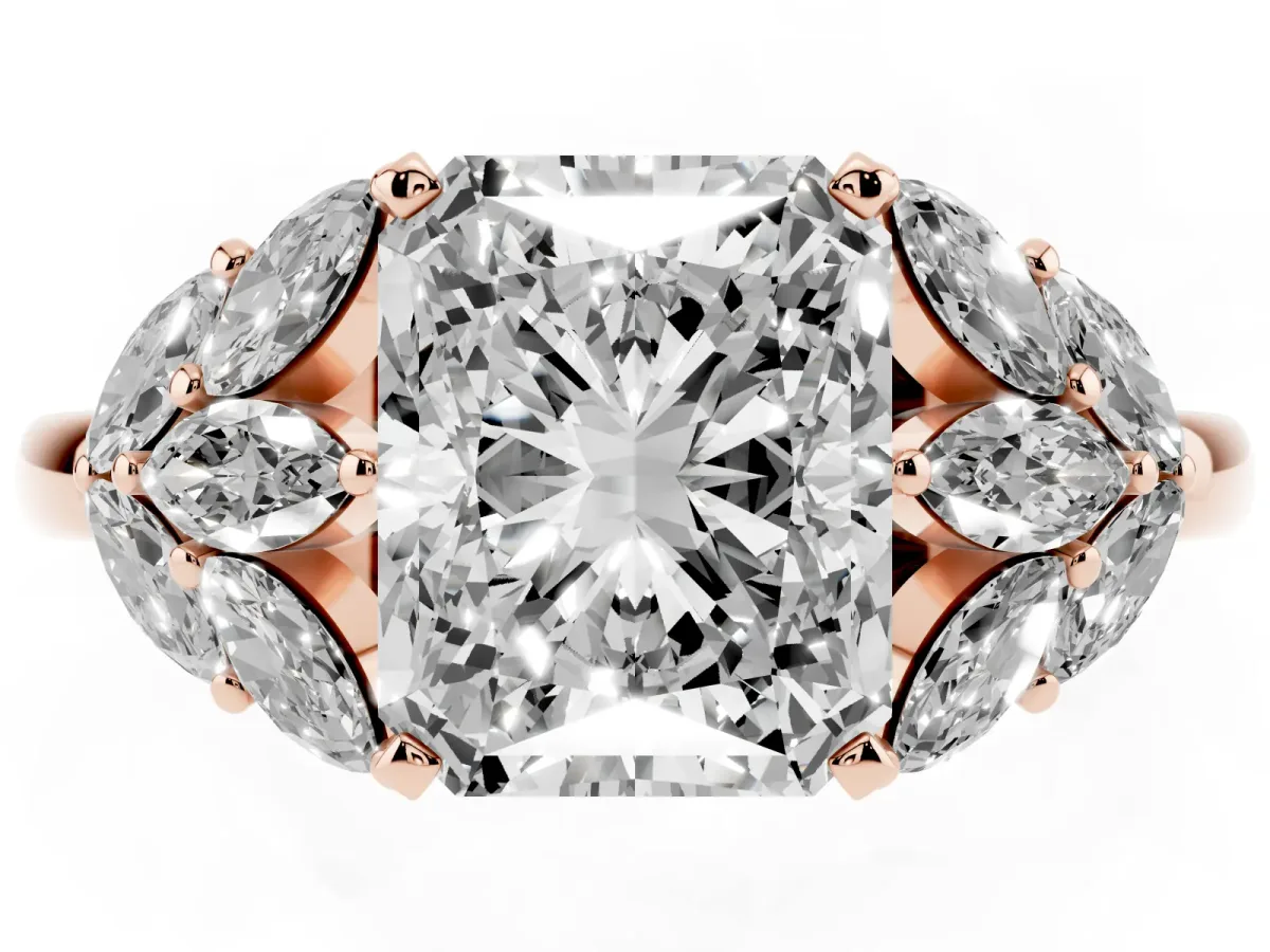Radiant Cut Diamond Cluster Leaf Design Ring with Prong Setting Rose gold