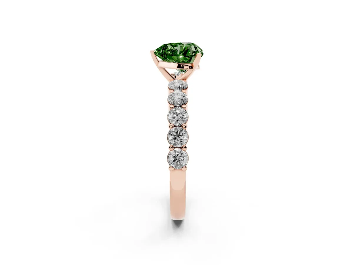 Fancy Green Heart Cut Diamond Solitaire Ring with Shared Prong Round Side Stones Rose gold