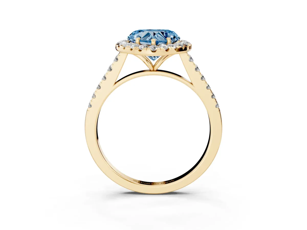 Fancy Blue Heart Cut Halo Pave Diamond Engagement Ring with Four-Prong Setting Yellow gold
