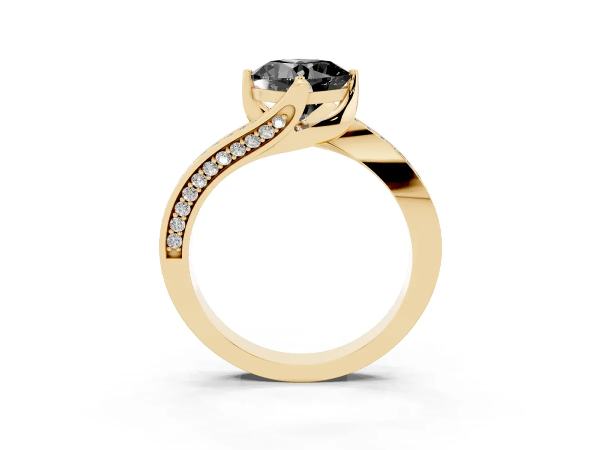 Fancy Black Cushion Cut Solitaire Diamond Twist Band with Pavé Setting and Four-Prong Setting Yellow gold