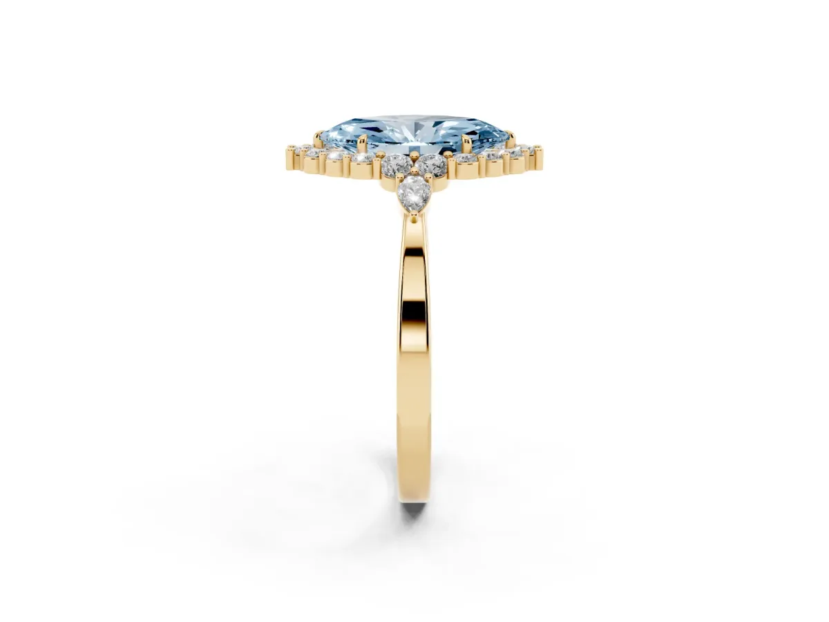 Fancy Blue Marquise Cut Diamond Halo Ring with Pear Side Stones and Prong Setting Yellow gold