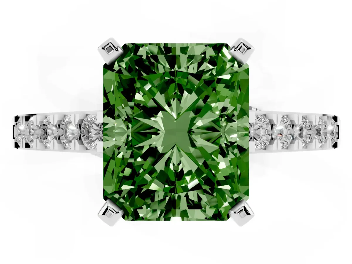 Fancy Green Radiant Cut Diamond Solitaire Ring with Crossover Gallery and Round Pavé Band White gold