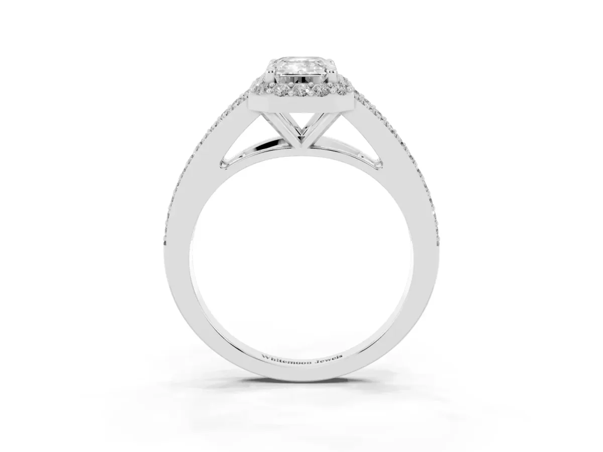 Emerald Cut Halo Split Shank Diamond Ring with Prong Setting Platinum