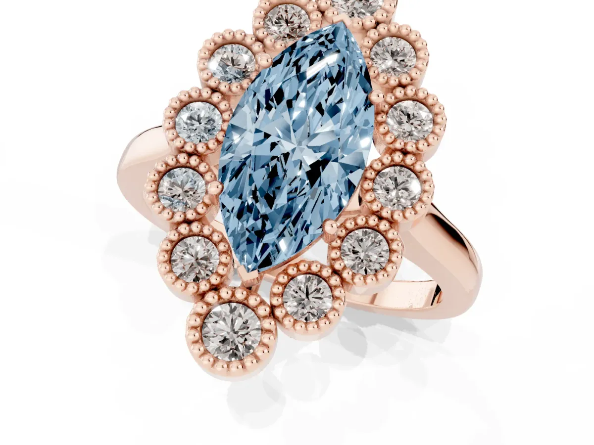 Fancy Blue Marquise Cut Halo Diamond Cluster Engagement Ring with Milgrain Bezel Setting and Solitaire Band Rose gold
