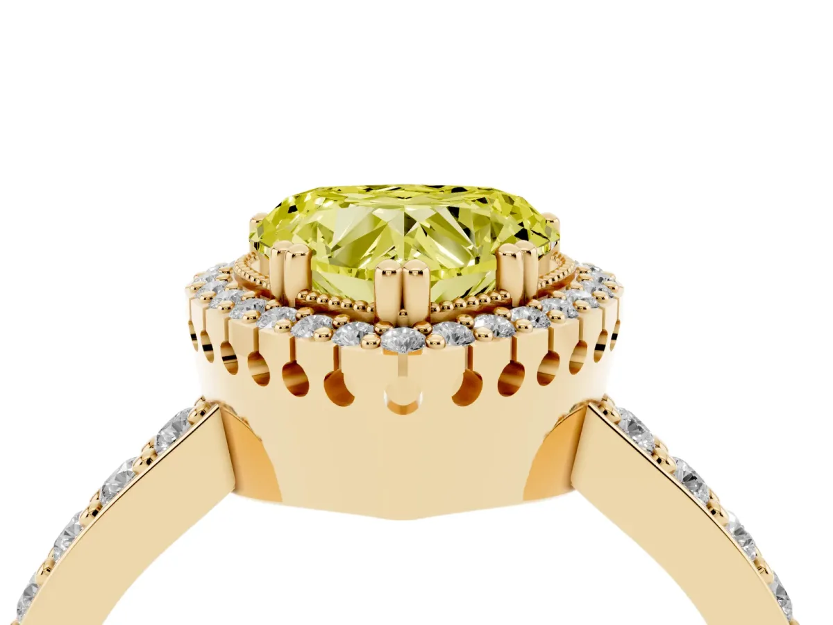 Fancy Yellow Heart Cut Cut Diamond Halo Engagement Ring with Milgrain Detail and Pavé Band Yellow gold