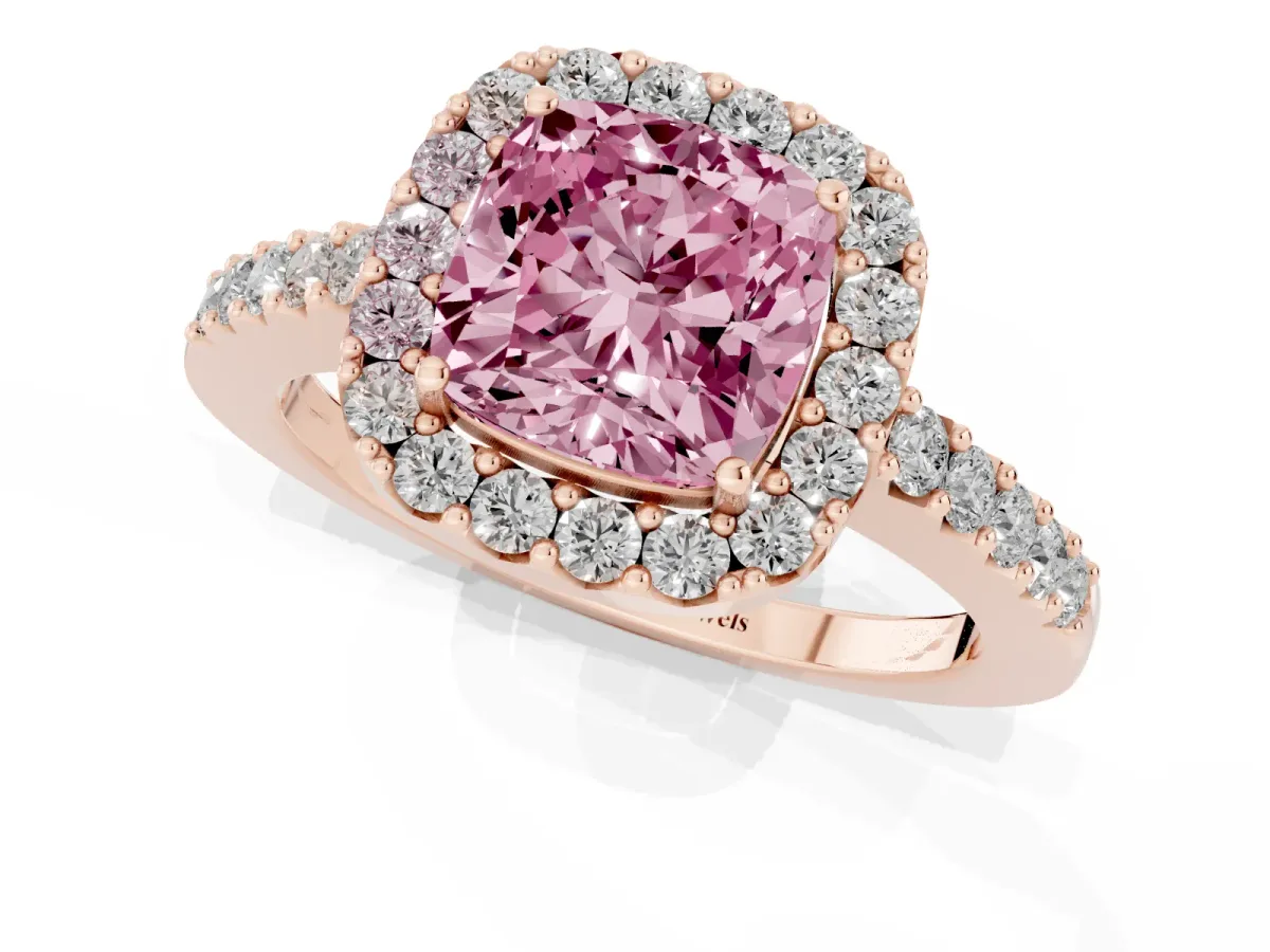 Fancy Pink Cushion Cut Halo Diamond Pavé Solitaire Ring Rose gold
