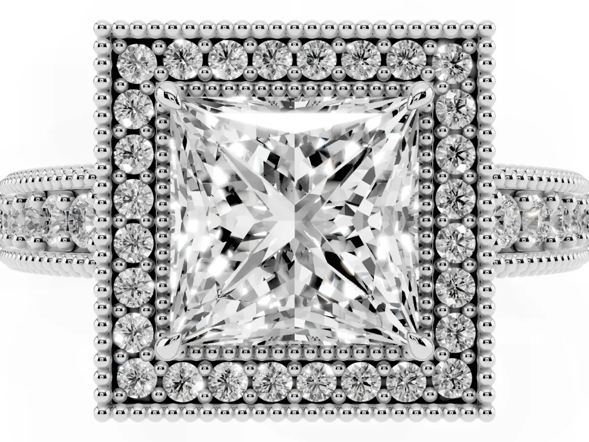 Princess Cut Cut Halo Diamond Ring with Pavé Band and Four-Prong Setting White gold