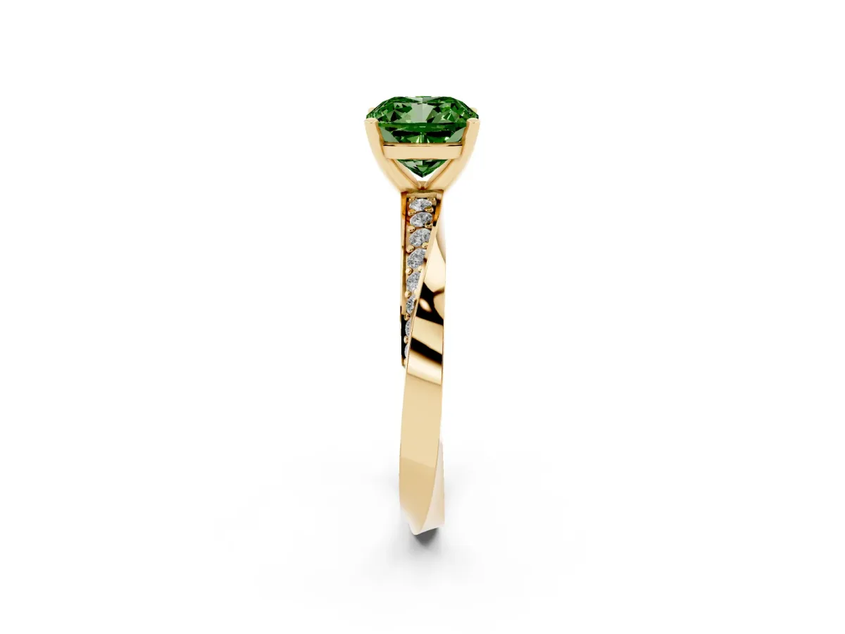 Fancy Green Cushion Cut Diamond Engagement Ring with Side Stone Accents and Four-Prong Setting Yellow gold