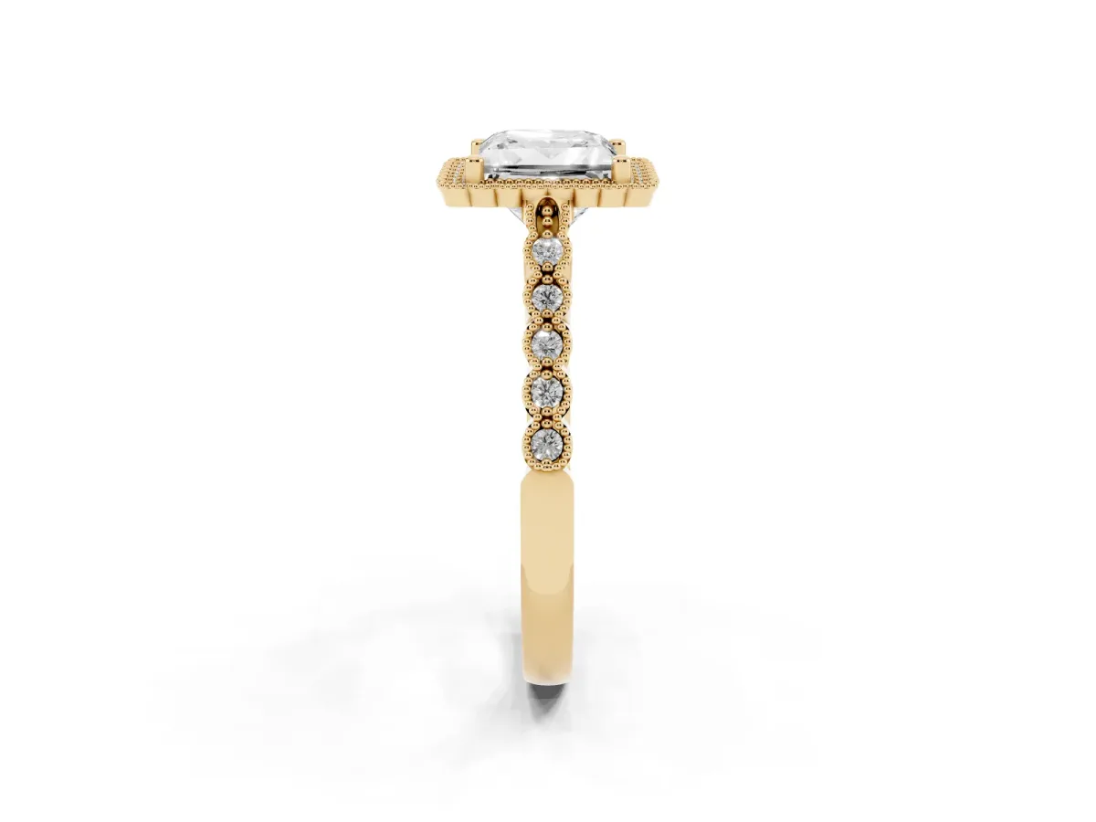 Princess Cut Cut Halo Pavé Solitaire Ring with Milgrain Band Yellow gold
