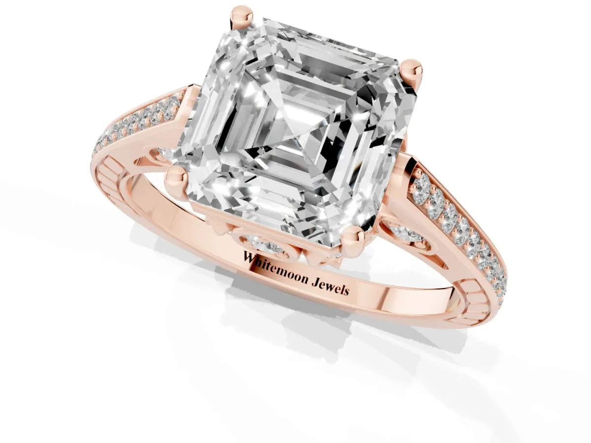 Asscher Cut Cut Cathedral Pave Diamond Engagement Ring with Six-Prong Setting Rose gold