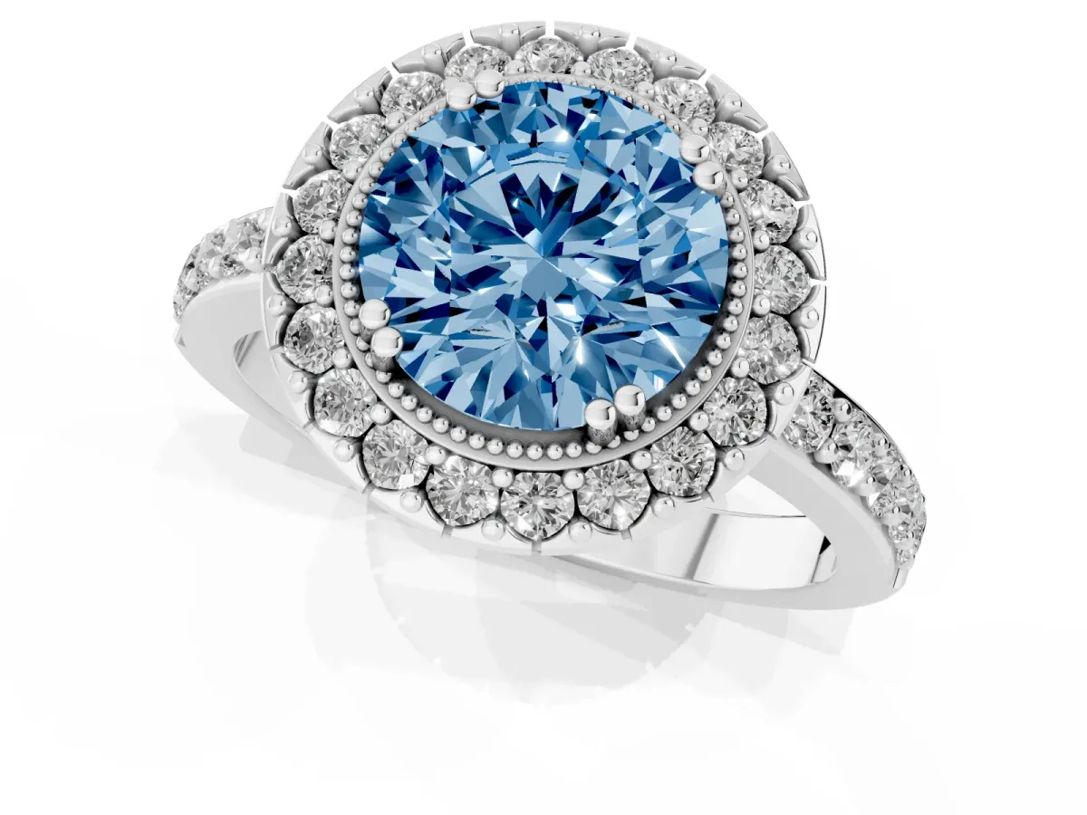 Fancy Blue Round Cut Diamond Halo Ring with Pavé Band and Prong Setting White gold