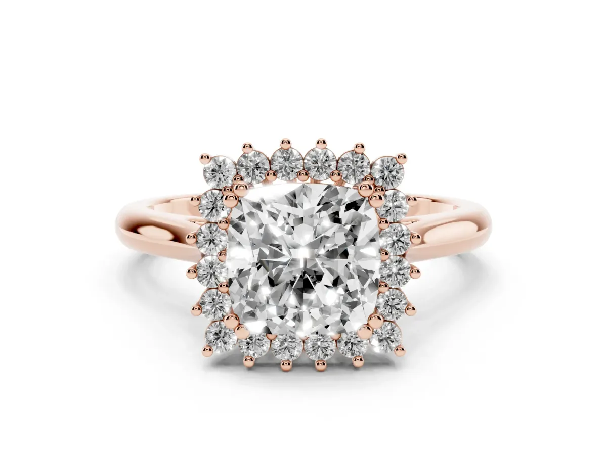 Cushion Cut Cut Diamond Halo Ring with Solitaire Band and Prong Setting Rose gold