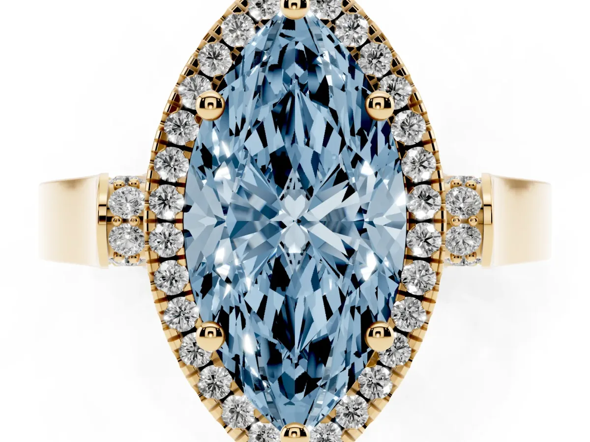 Fancy Blue Marquise Cut Halo Round Diamond Twist Band with Four-Prong Setting Yellow gold