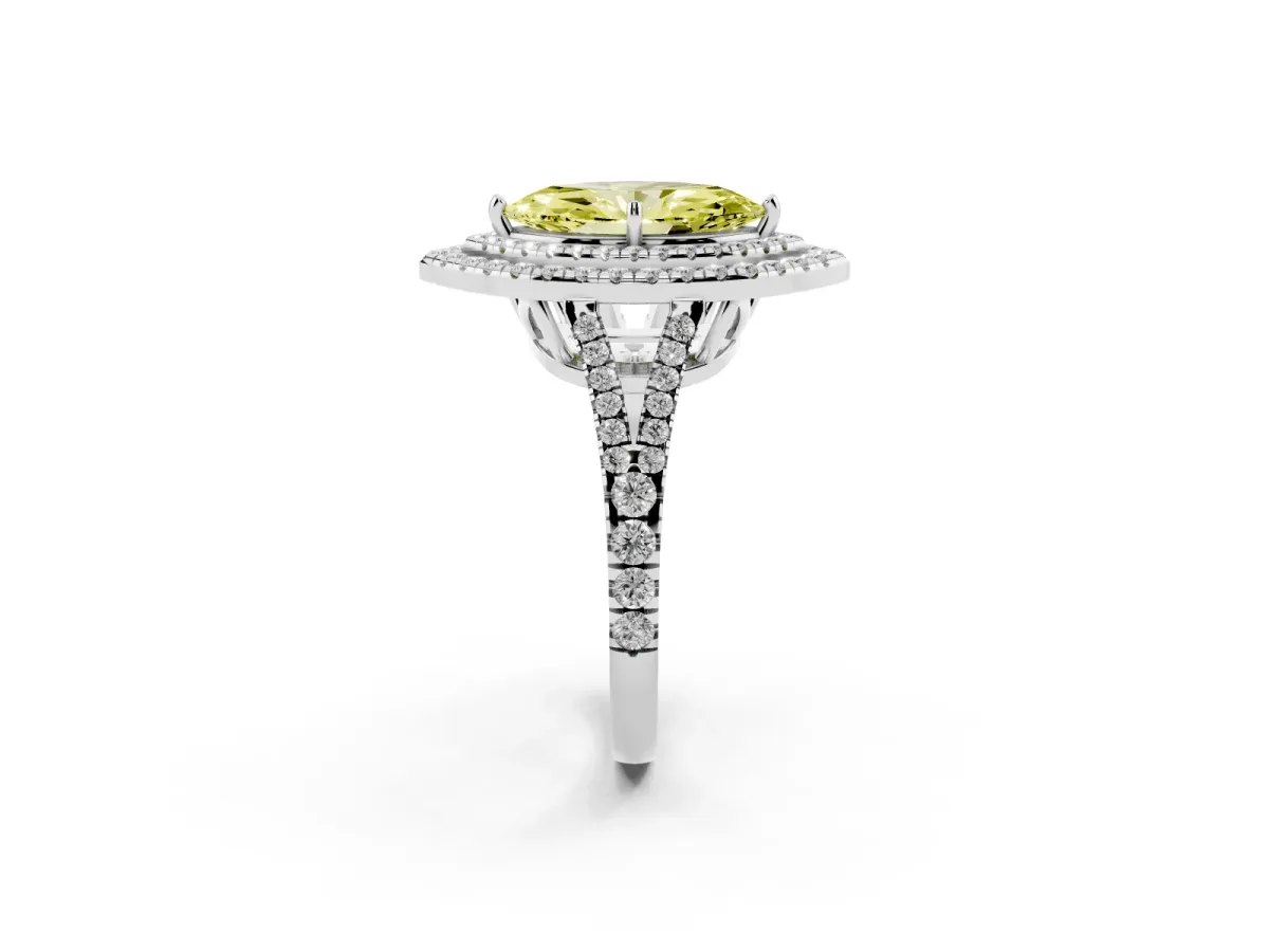 Fancy Yellow Marquise Cut Diamond Double Halo Ring with Pavé Band and Prong Setting Platinum