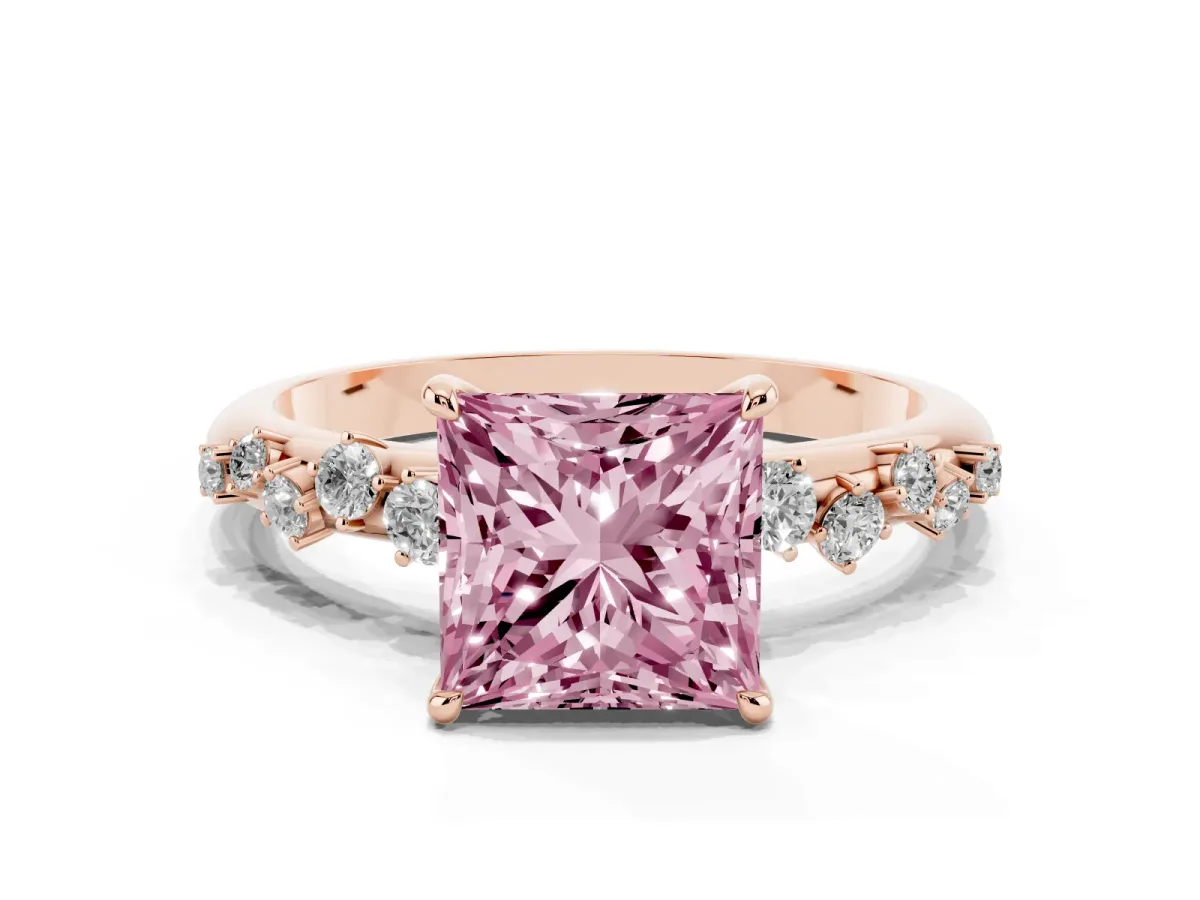 Fancy Pink Princess Cut Diamond Cluster Prong-Set Solitaire Ring Rose gold
