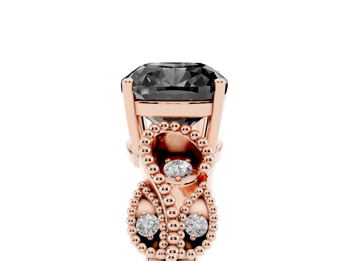 Fancy Black Cushion Cut Solitaire Milgrain Leaf Band with Prong Setting Rose gold