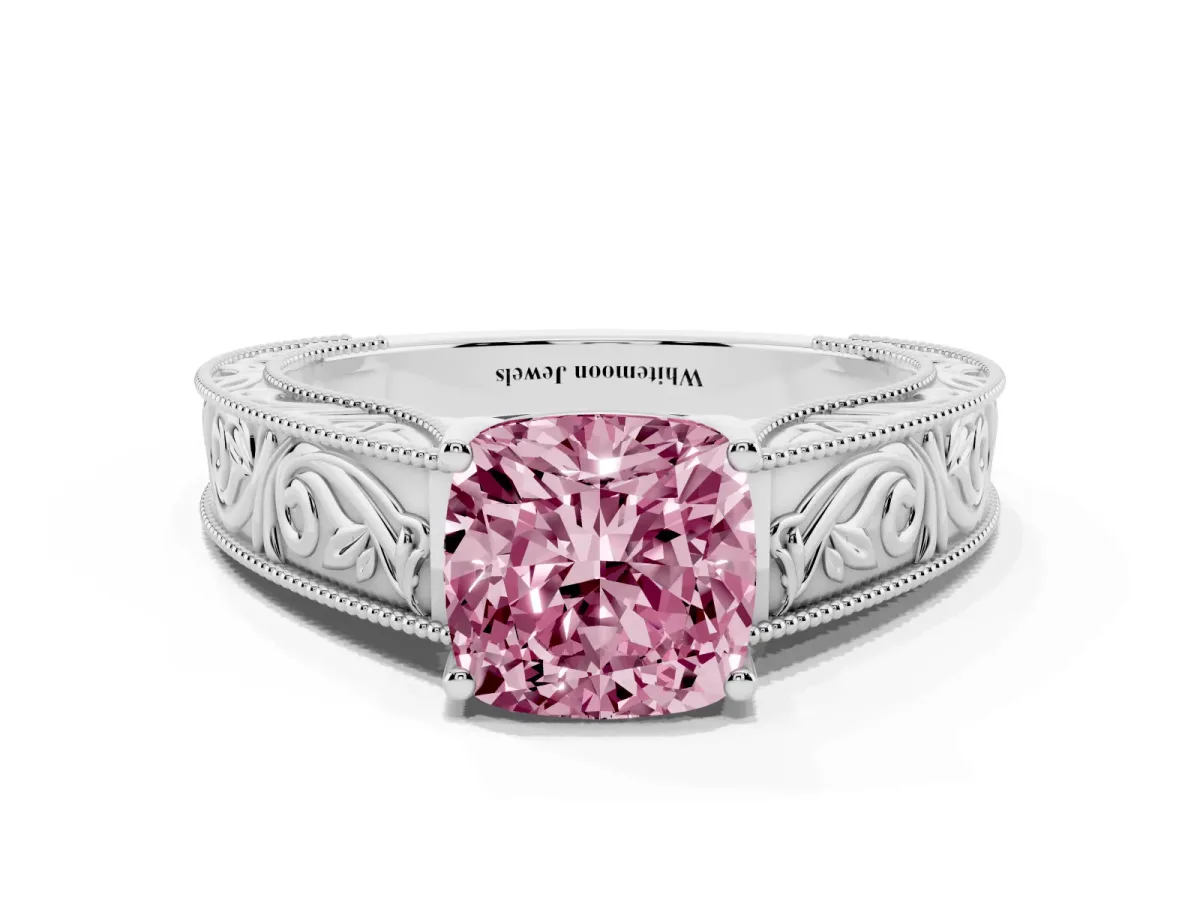 Fancy Pink Cushion Cut Diamond Solitaire Ring with Engraved Band and Four-Prong Setting Silver