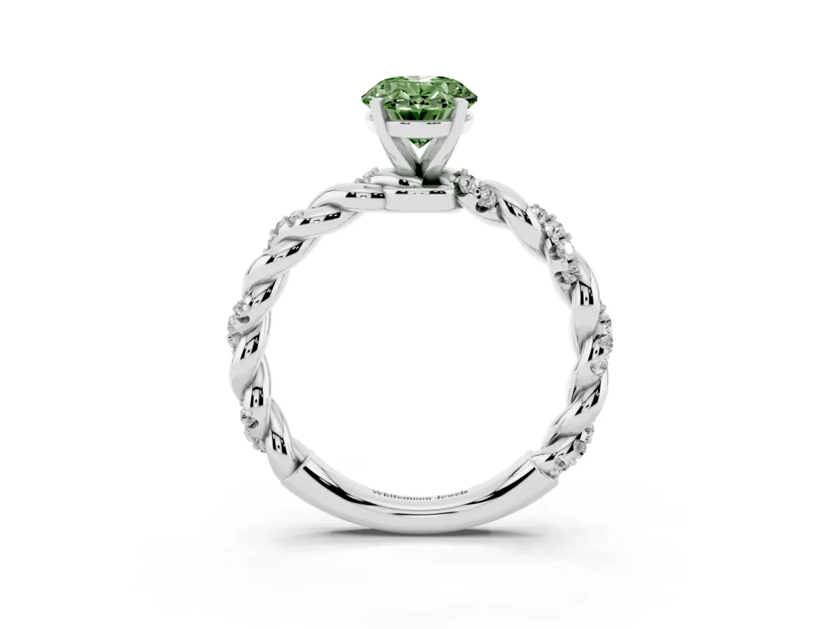 Fancy Green Oval Cut Diamond Solitaire Ring with Twisted Band and Pavé Accents White gold