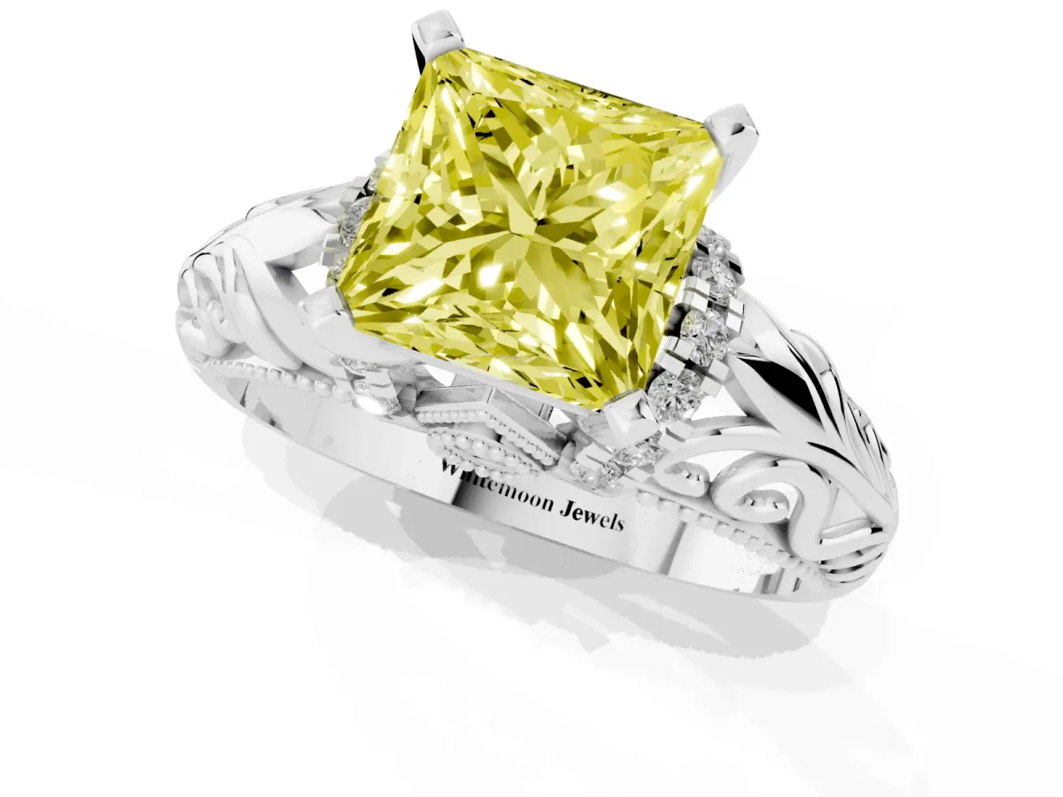 Fancy Yellow Princess Cut Solitaire Filigree Engagement Ring with Halo and Prong Setting White gold