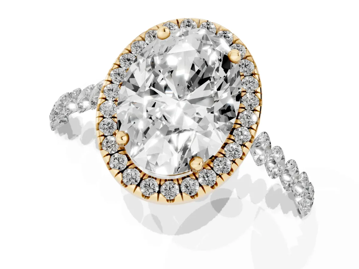 Oval Cut Halo Pavé Diamond Engagement Ring with Four-Prong Setting Yellow gold