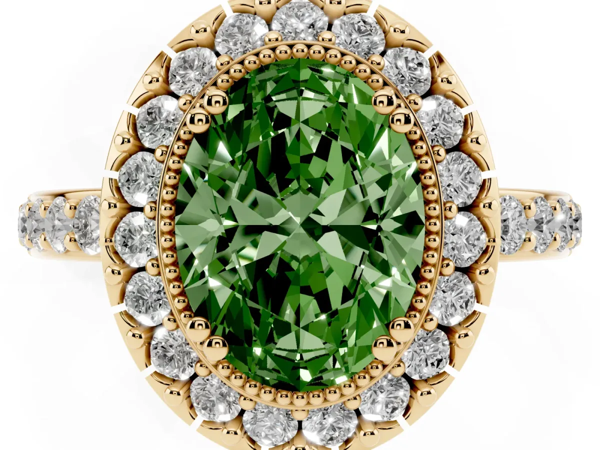 Fancy Green Oval Cut Diamond Halo Ring with Pavé Band and Prong Setting Yellow gold