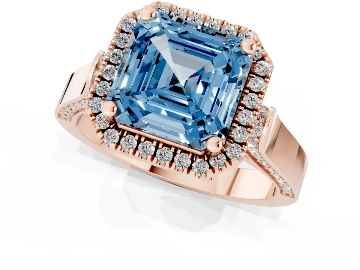 Fancy Blue Asscher Cut Halo Pave Split Shank Prong Setting Ring Rose gold