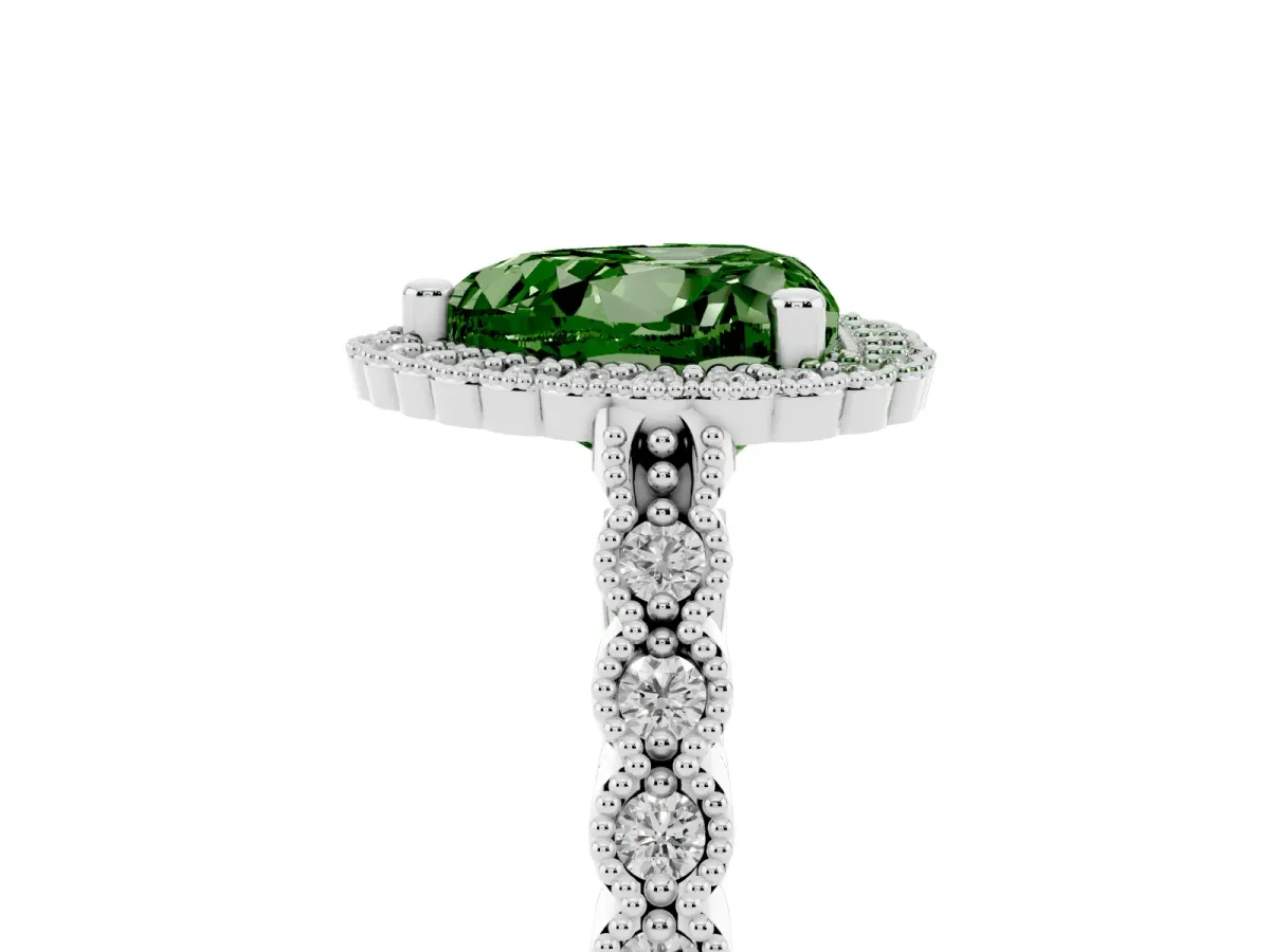 Fancy Green Heart Cut Cut Halo Pavé Solitaire Ring with Milgrain Band White gold