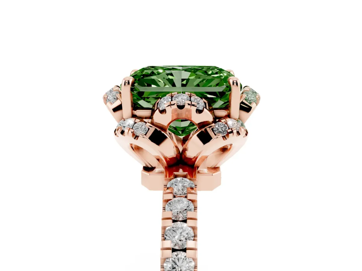 Fancy Green Radiant Cut Diamond Halo Pave Band with Four-Prong Setting Rose gold