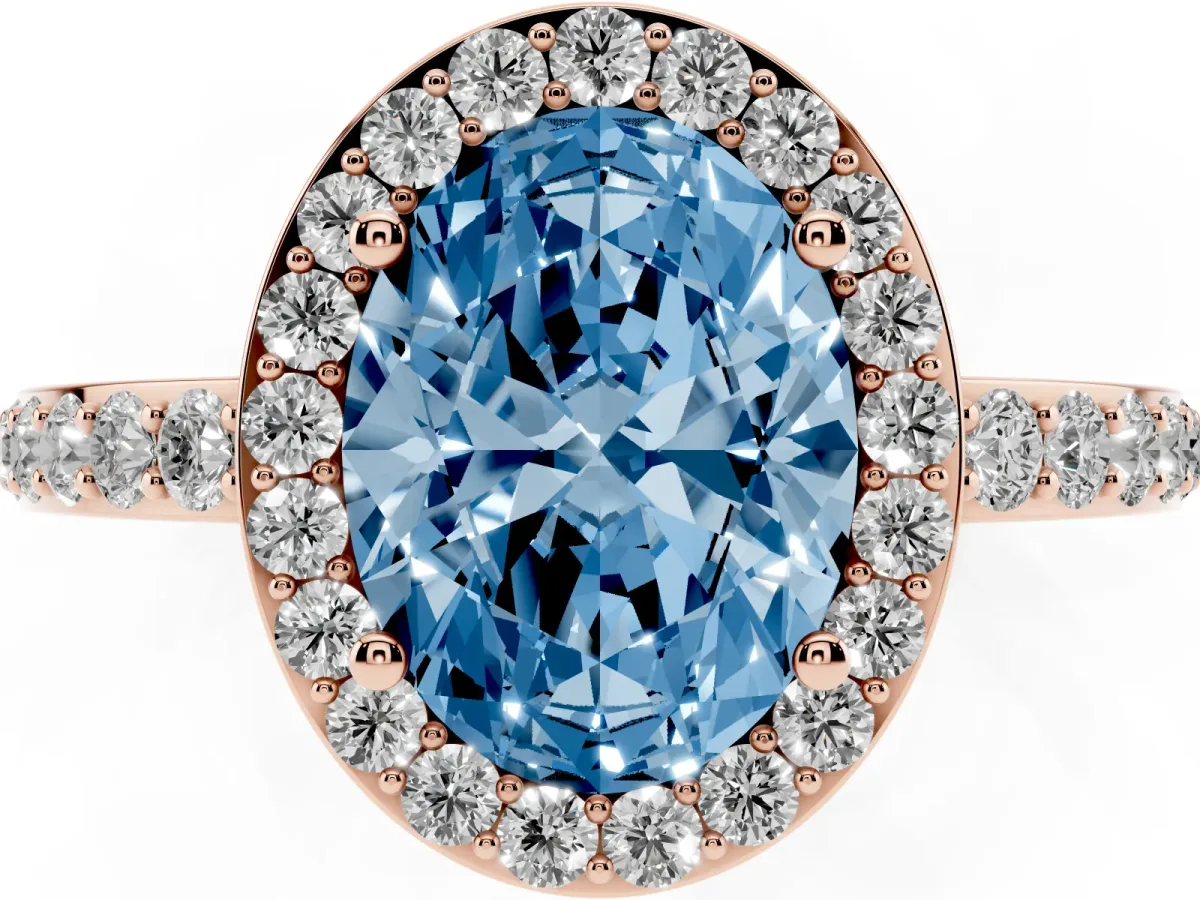 Fancy Blue Oval Cut Halo Diamond Pavé Band Ring with Prong Setting Rose gold