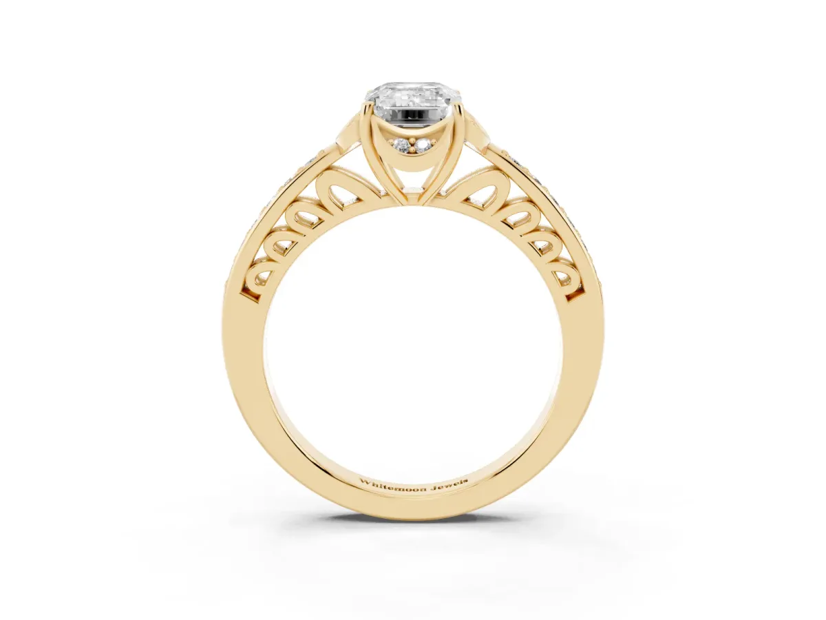 Emerald Cut Cut Halo Diamond Ring with Channel Set Band and Four-Prong Setting Yellow gold