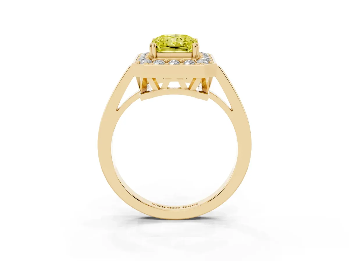 Fancy Yellow Radiant Cut Diamond Halo Ring with Split Shank and Four-Prong Setting Yellow gold