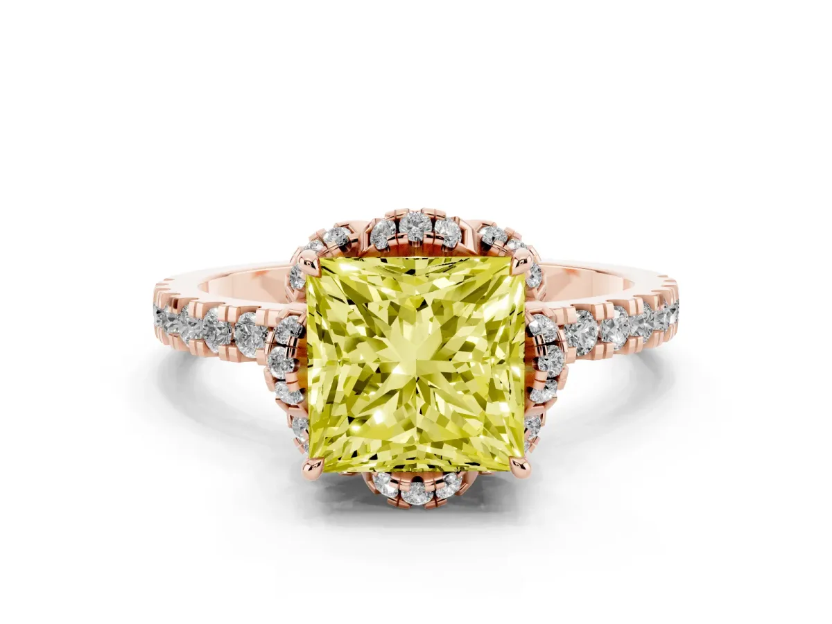 Fancy Yellow Princess Cut Halo Diamond Pave Band Ring with Four-Prong Setting Rose gold