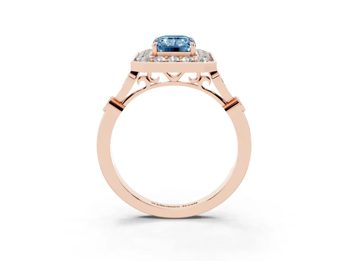 Fancy Blue Emerald Cut Halo Diamond Engagement Ring with Twisted Band and Four-Prong Setting Rose gold