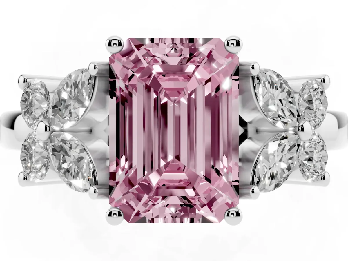 Fancy Pink Emerald Cut Diamond Floral Cluster Ring with Solitaire Band and Prong Setting Silver