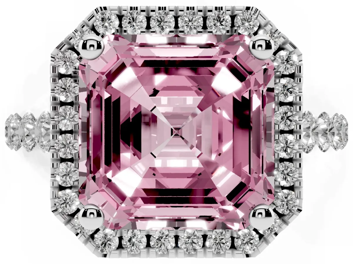 Fancy Pink Asscher Cut Halo Pavé Diamond Engagement Ring with Four-Prong Setting Platinum