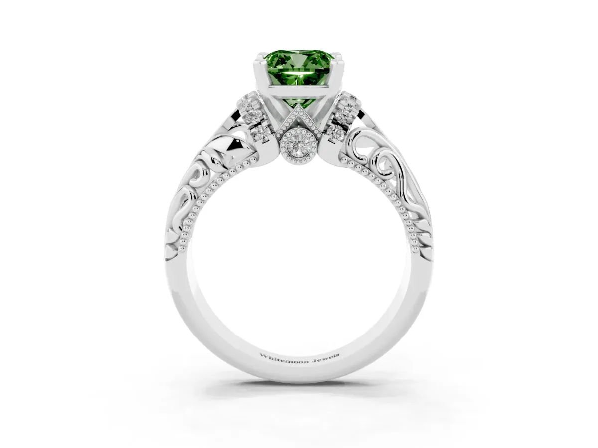 Fancy Green Cushion Cut Solitaire Filigree Engagement Ring with Halo and Prong Setting Silver