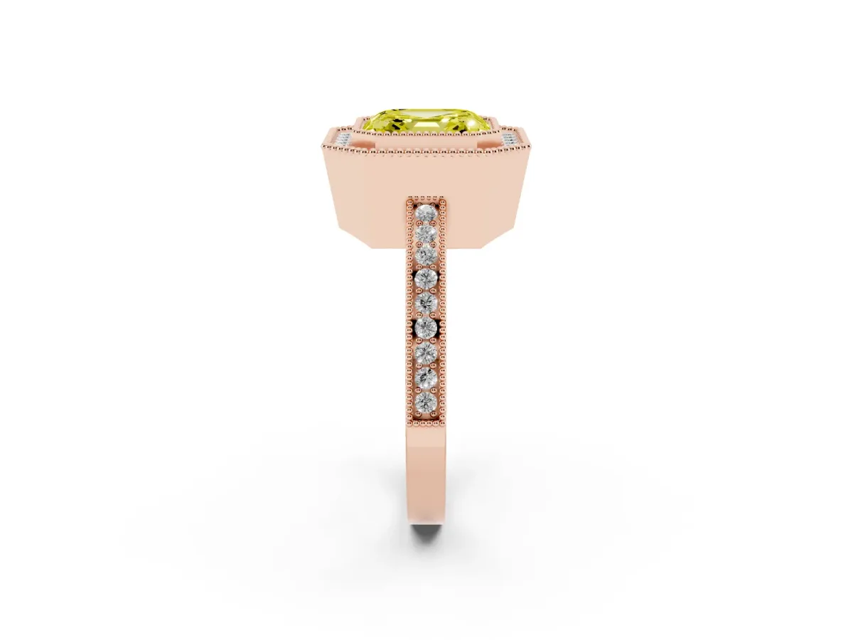 Fancy Yellow Asscher Cut Cut Halo Diamond Ring with Pavé Band and Milgrain Prong Setting Rose gold