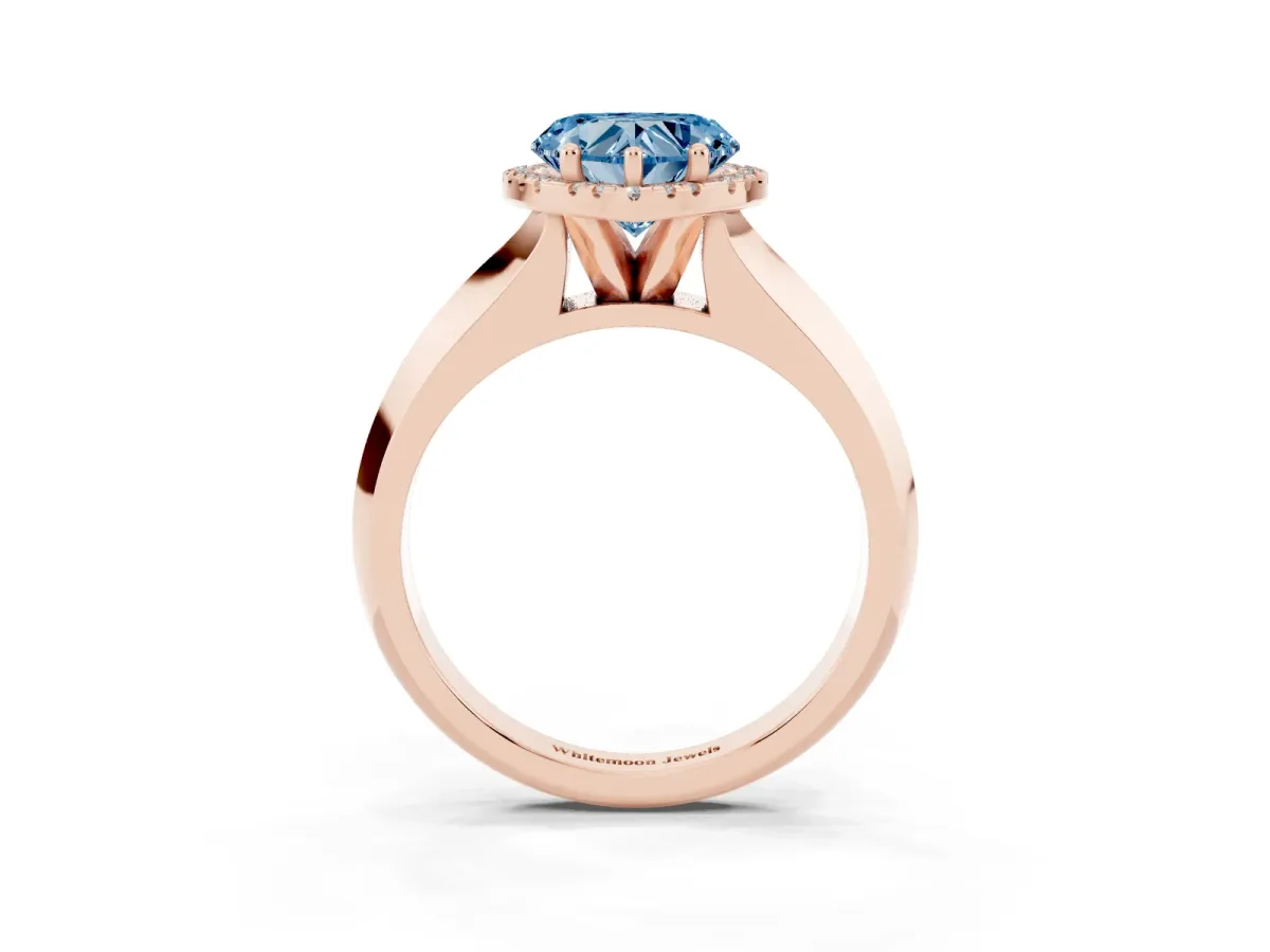 Fancy Blue Heart Cut Halo Diamond Ring with Cathedral Band and Four-Prong Setting Rose gold