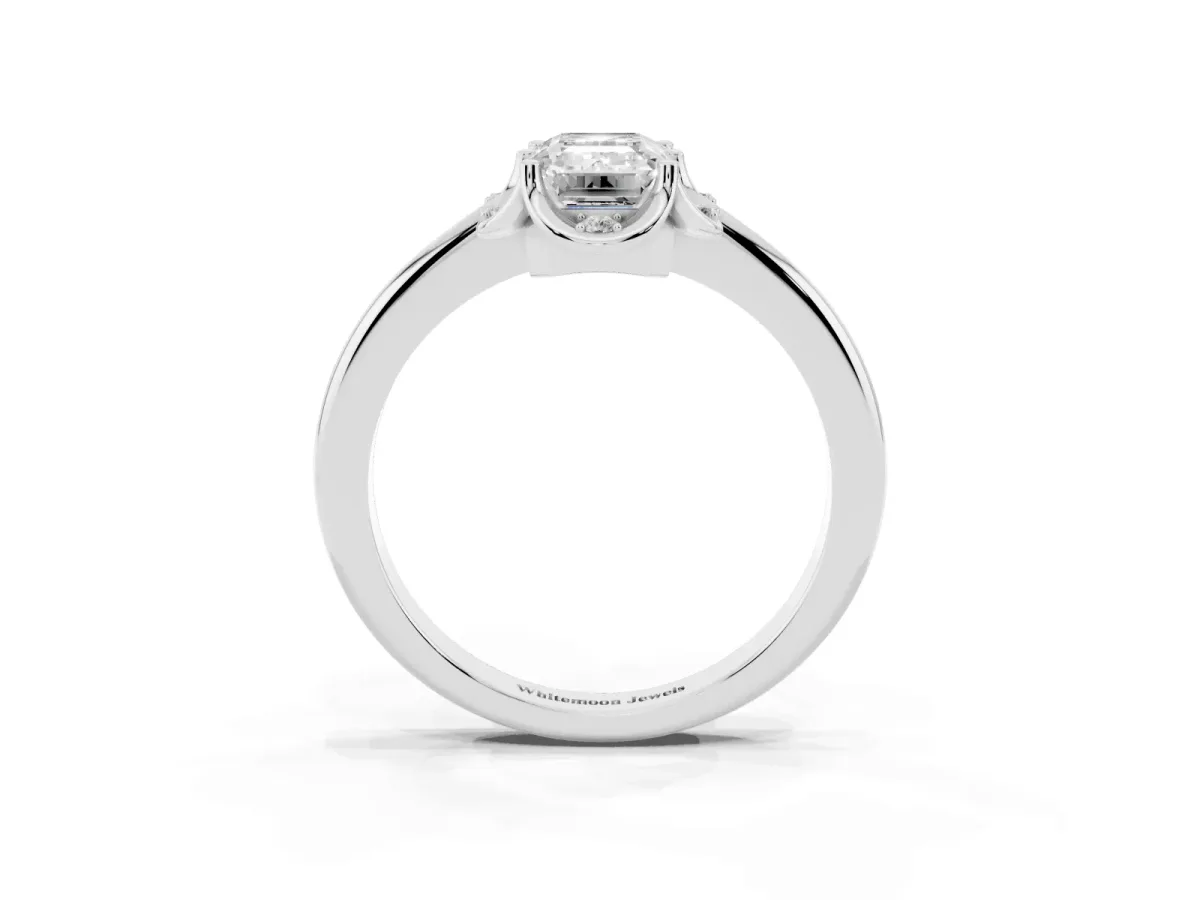 Emerald Cut Halo Diamond Ring with Round Cluster Setting, Solitaire Band, and Four-Prong Setting Silver