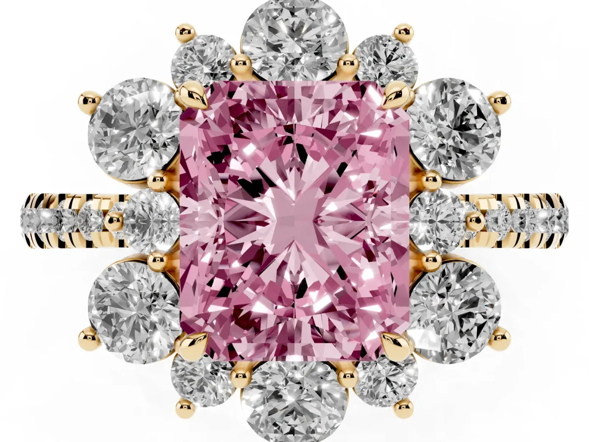 Fancy Pink Radiant Cut Diamond Floral Halo Ring with Round Pavé Band and Prong Setting Yellow gold