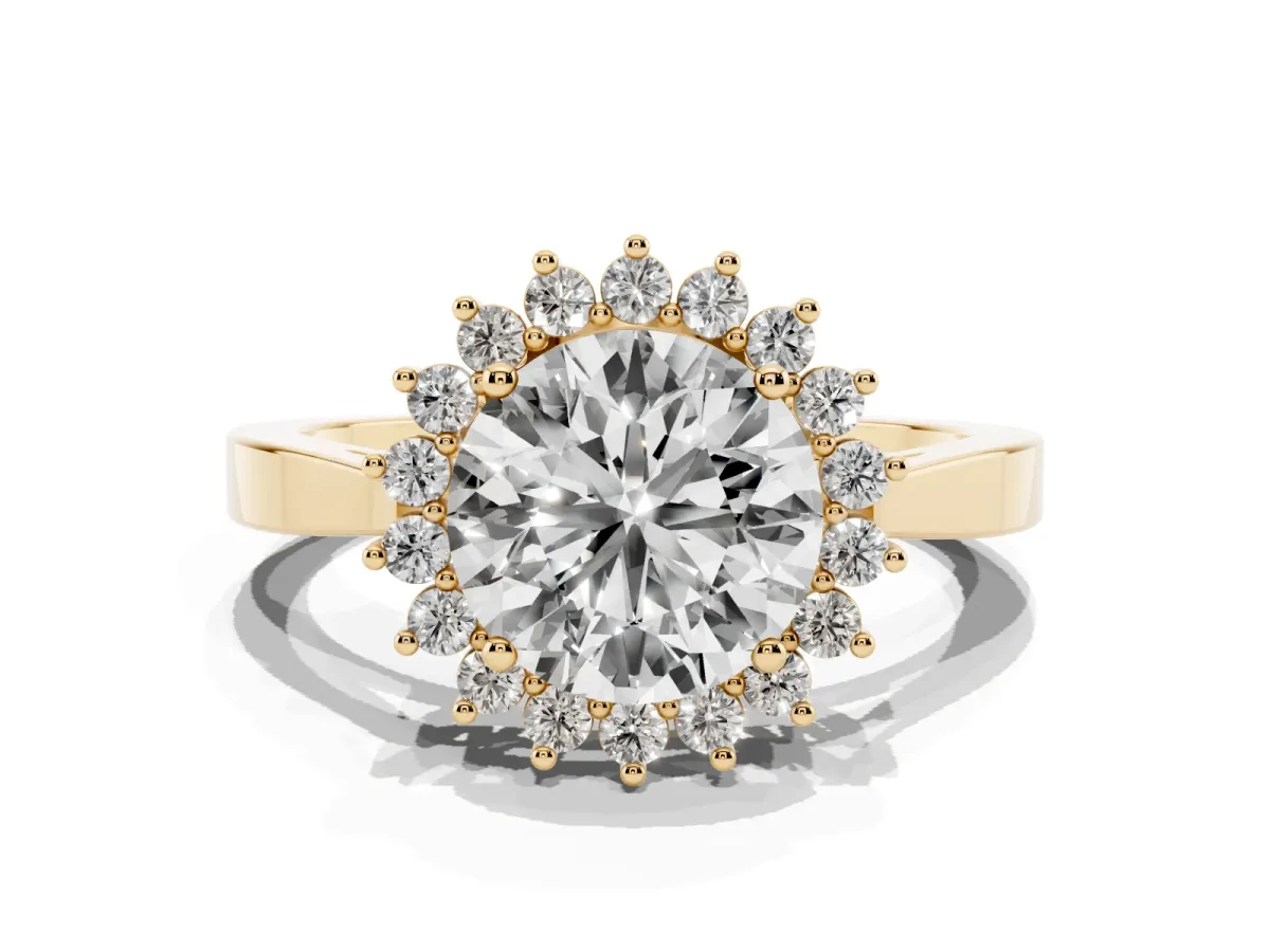 Round Cut Cut Diamond Halo Ring with Round Brilliant Halo and Solitaire Band Yellow gold