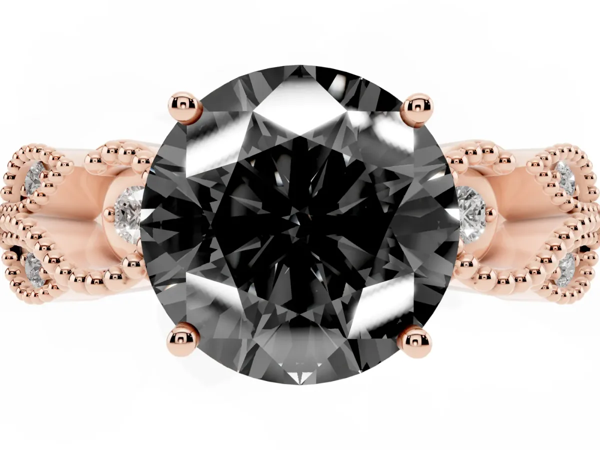 Fancy Black Round Cut Solitaire Milgrain Leaf Band with Prong Setting Rose gold