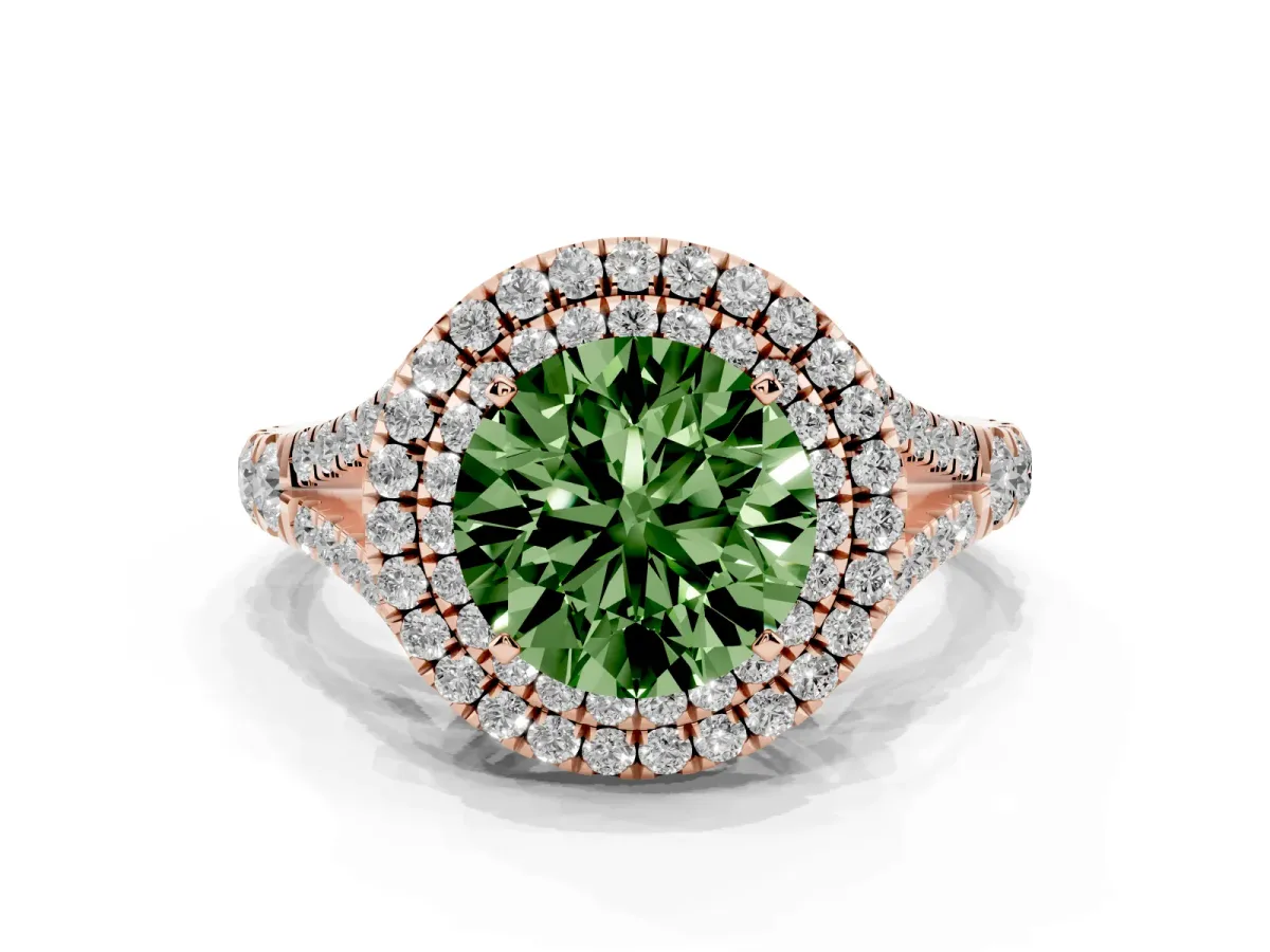 Fancy Green Round Cut Diamond Pavé Split Shank Double Halo Engagement Ring Rose gold
