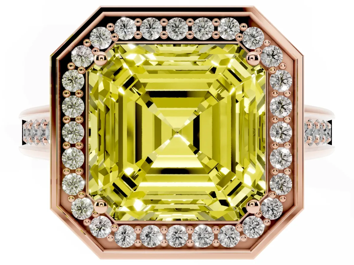 Fancy Yellow Asscher Cut Halo Solitaire Diamond Ring with Pave Band and Bezel Setting Rose gold