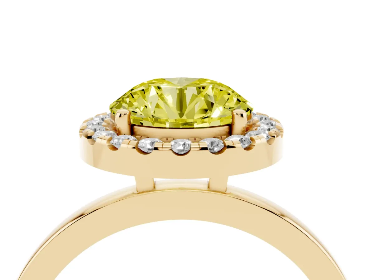Fancy Yellow Round Cut Halo Diamond Solitaire with Pavé Band and Four-Prong Setting Yellow gold