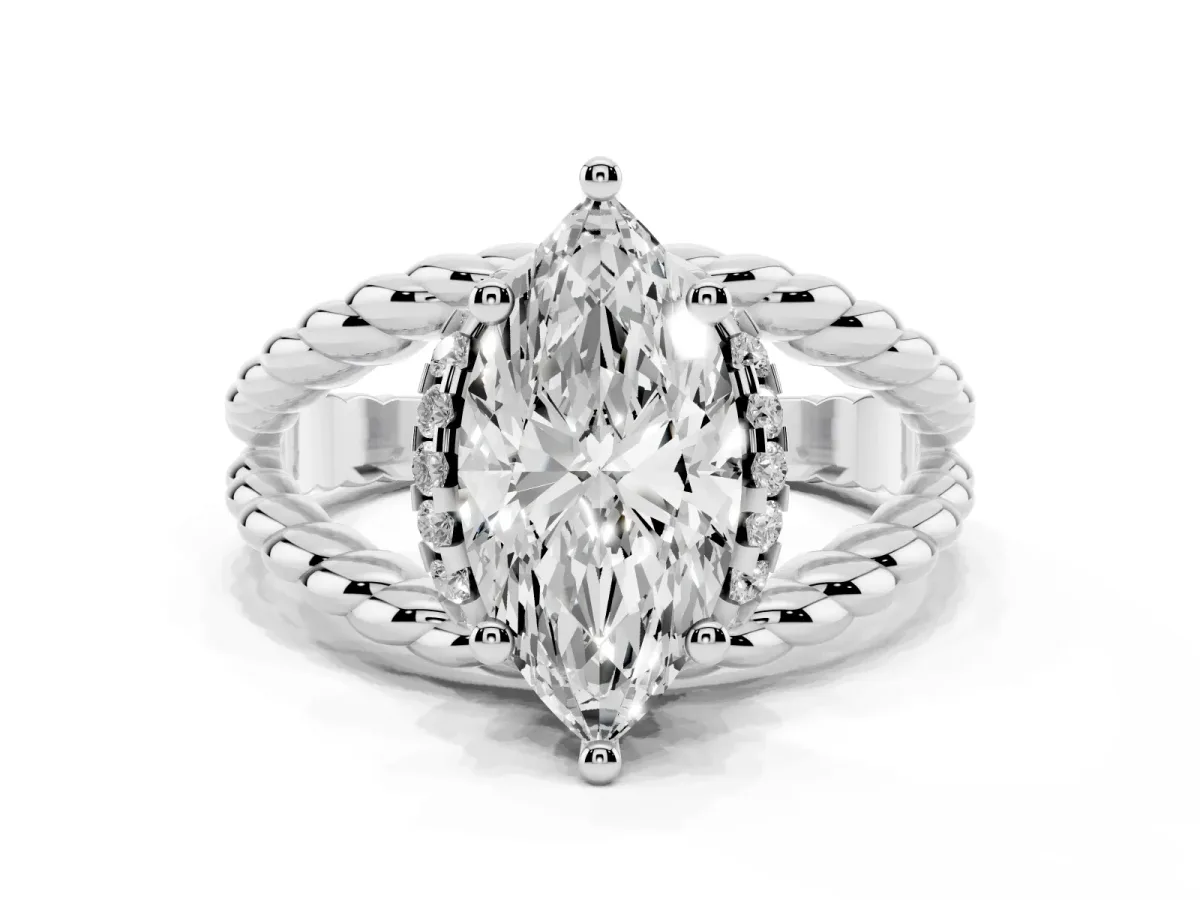 Marquise Cut Halo Twisted Band Four-Prong Ring Silver