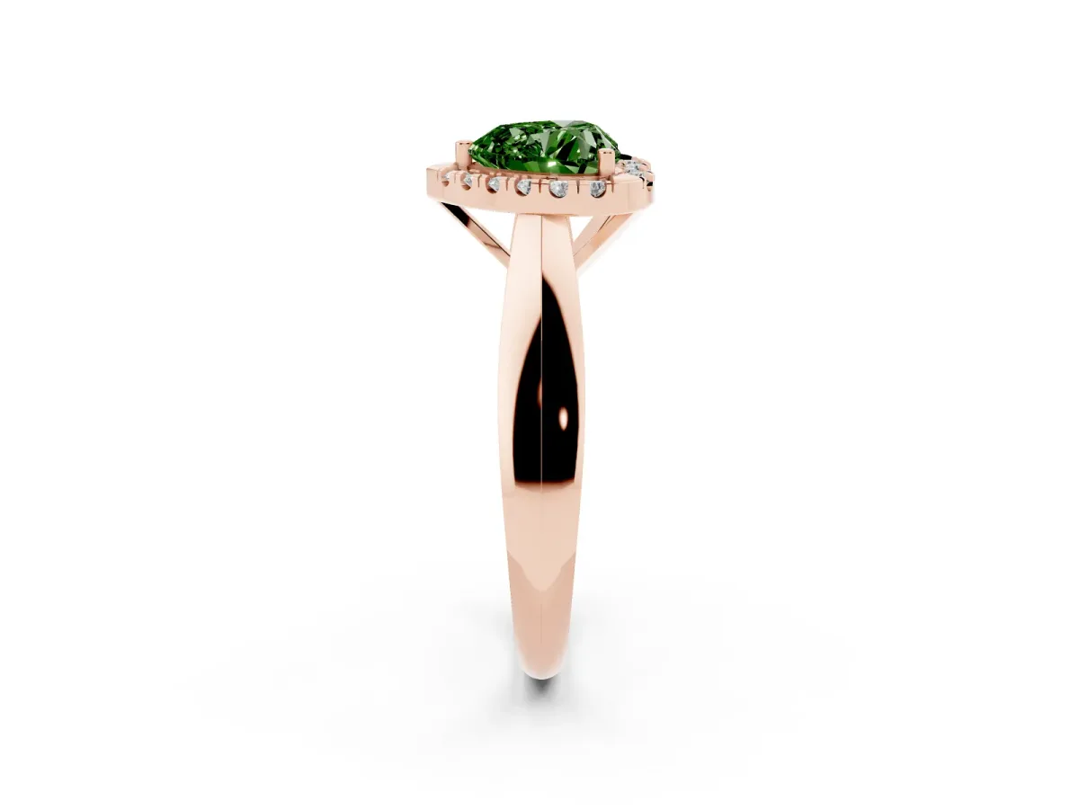 Fancy Green Heart Cut Cut Halo Solitaire Engagement Ring with Square Band and Four-Prong Setting Rose gold